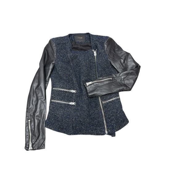 Maje Black Tweed Leather Sleeve Moto Zip Jacket FR 38 US 6 Chic Parisian Style - Picture 3 of 12
